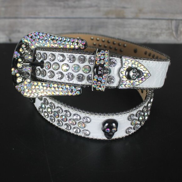White Faux Leather Woman Belt Skull Rhinestone Western Motorcycle Bling Carnival main image 8